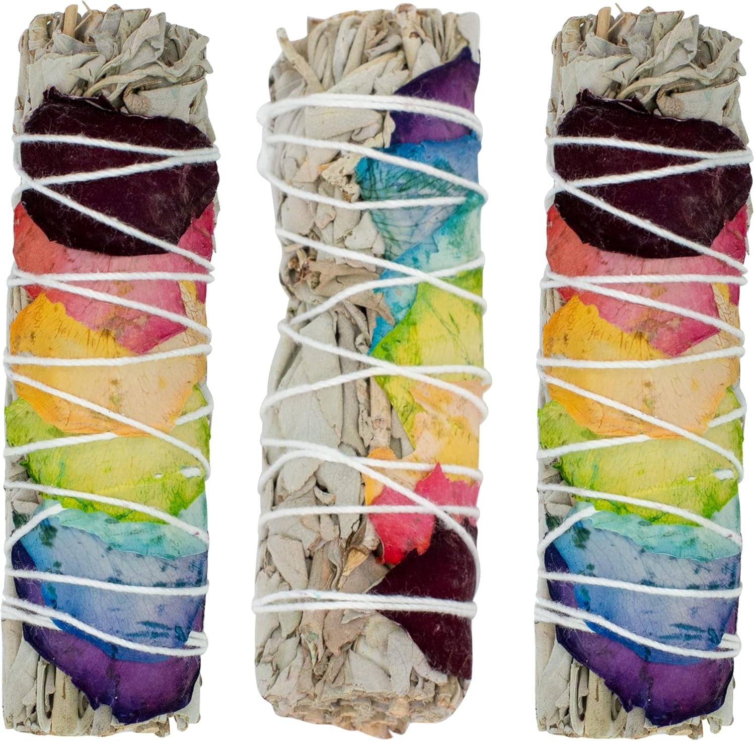 White Sage Sticks with Chakra Rose Petals - Natural Incense Sticks for Spiritual Cleansing, Home Fragrance, Witchcraft Supplies - 4" Long Bundles - Pack of 3 - ,