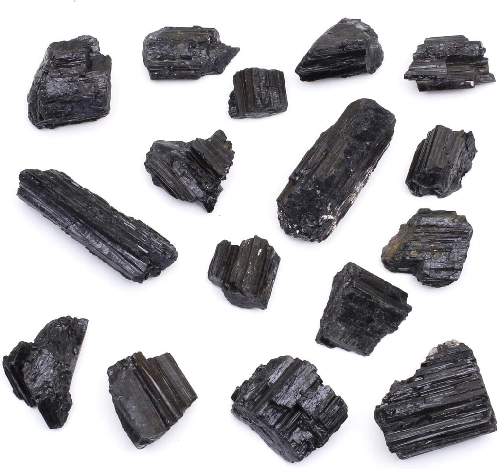 Black Tourmaline Crystals Bulk (1/2 LB Medium Pieces), Includes: (1) Selenite Stick & Information Cards, Rough Raw Natural Stones for Good Vibes, Reiki Energy Made in USA