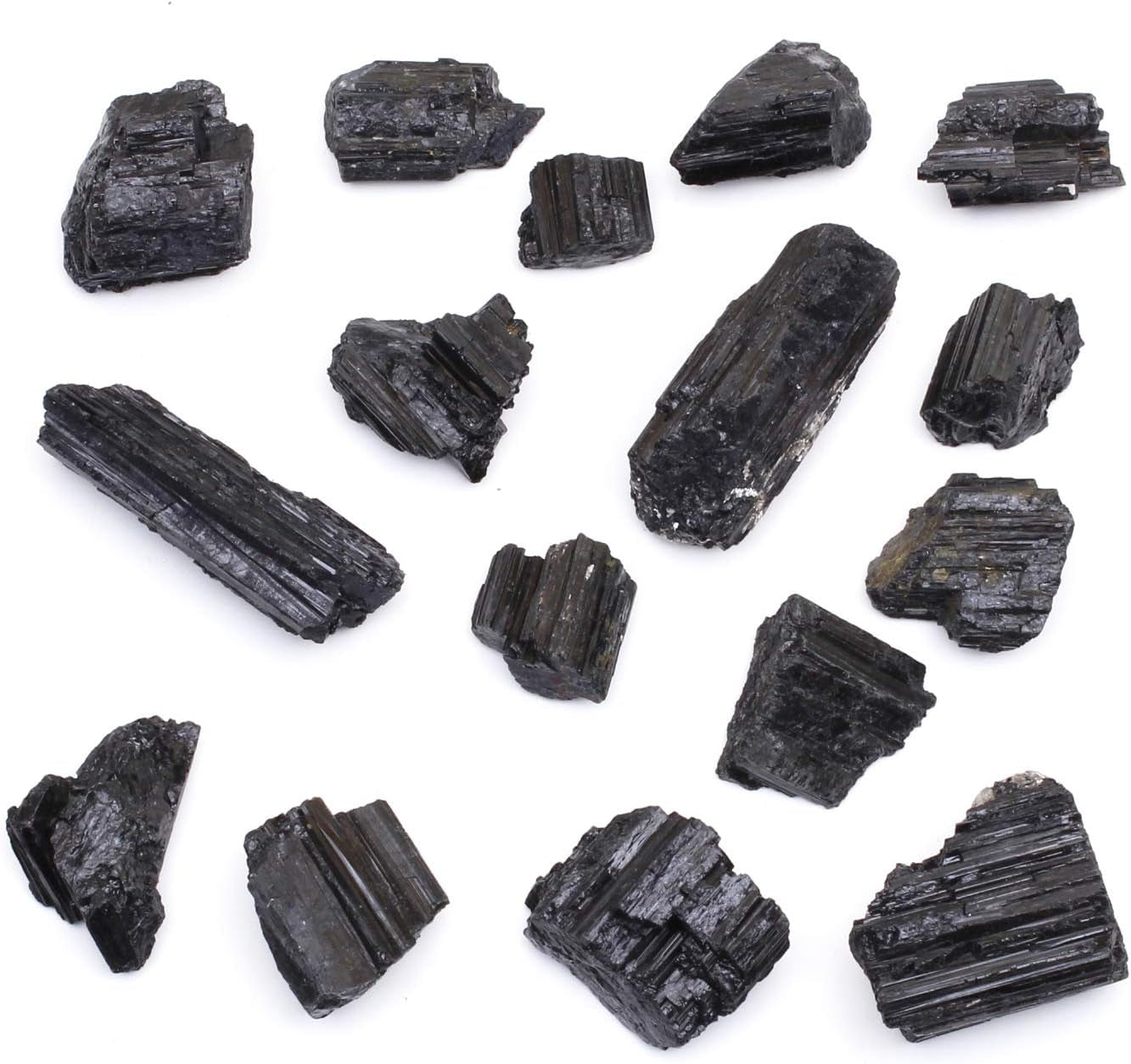 Black Tourmaline Crystals Bulk (1/2 LB Medium Pieces), Includes: (1) Selenite Stick & Information Cards, Rough Raw Natural Stones for Good Vibes, Reiki Energy Made in USA