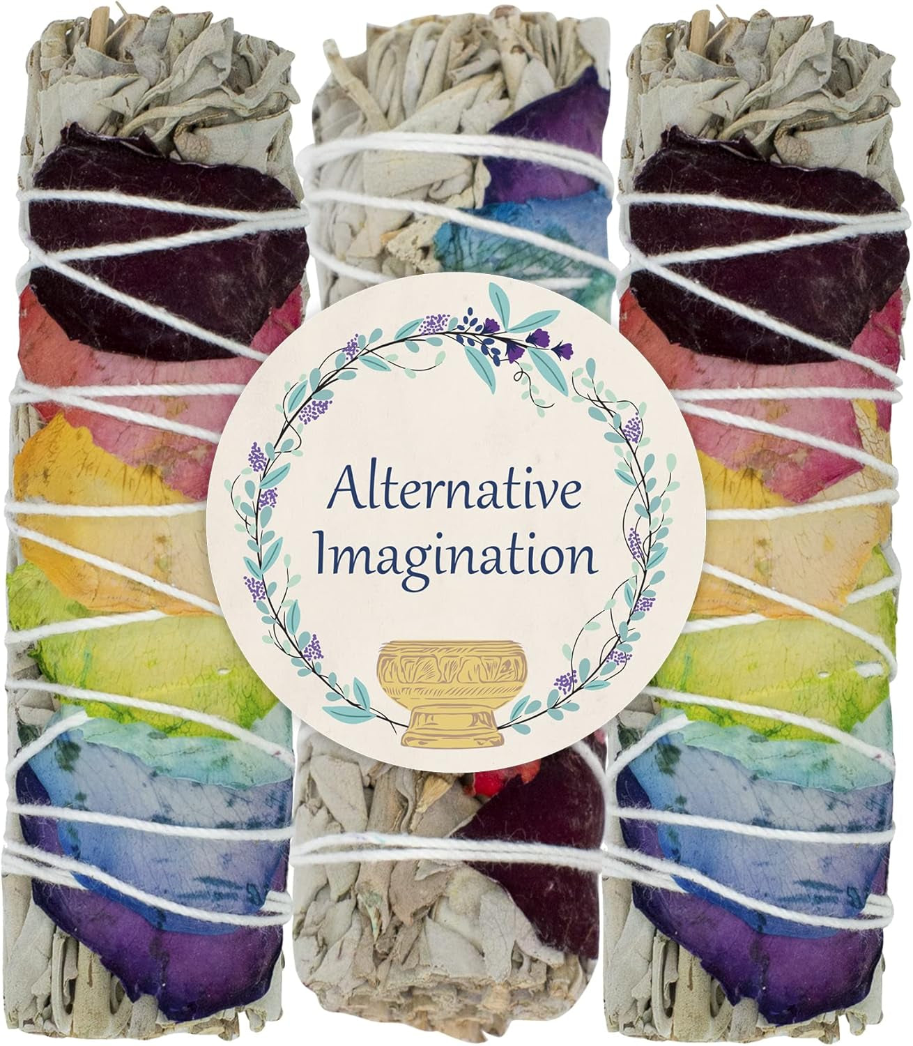 White Sage Sticks with Chakra Rose Petals - Natural Incense Sticks for Spiritual Cleansing, Home Fragrance, Witchcraft Supplies - 4" Long Bundles - Pack of 3 - ,
