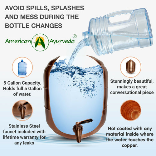 5 Gallon Countertop Pure Copper Water Dispenser Pot SS Faucet American Ayurveda