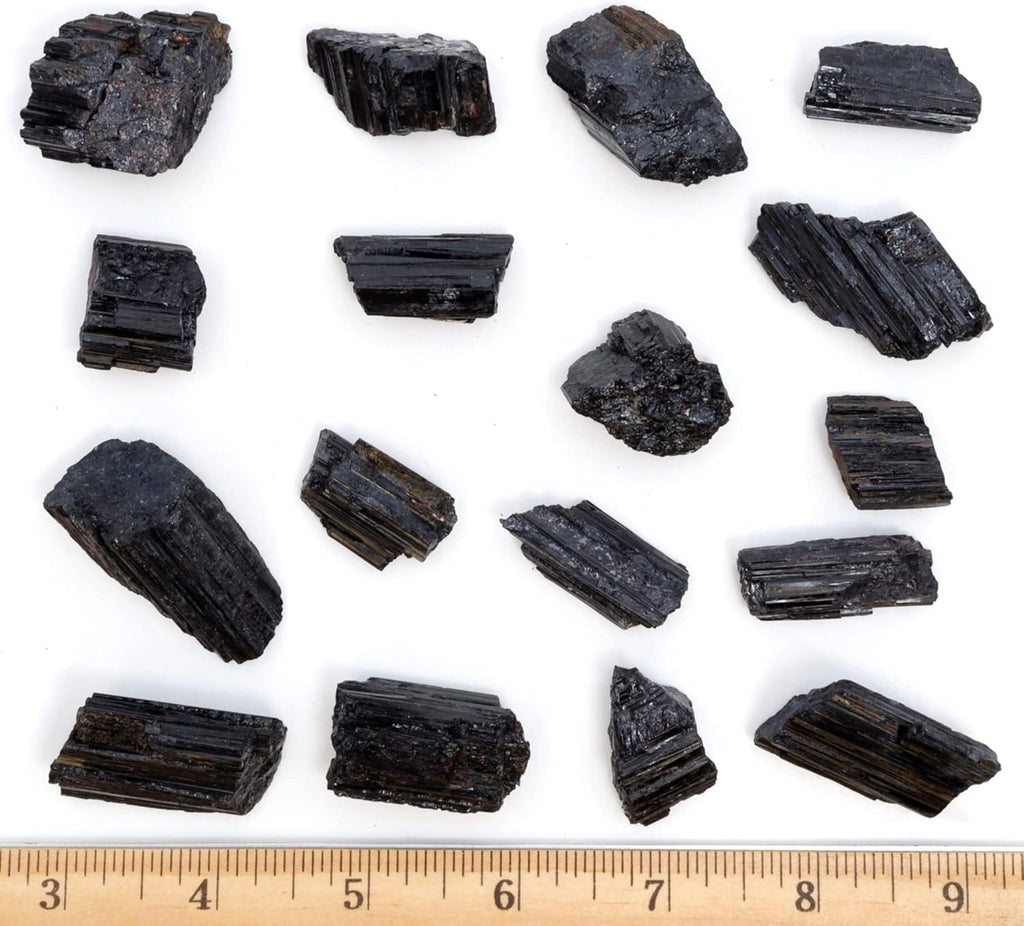 Black Tourmaline Crystals Bulk (1/2 LB Medium Pieces), Includes: (1) Selenite Stick & Information Cards, Rough Raw Natural Stones for Good Vibes, Reiki Energy Made in USA