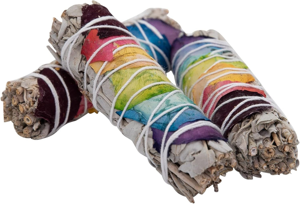 White Sage Sticks with Chakra Rose Petals - Natural Incense Sticks for Spiritual Cleansing, Home Fragrance, Witchcraft Supplies - 4" Long Bundles - Pack of 3 - ,