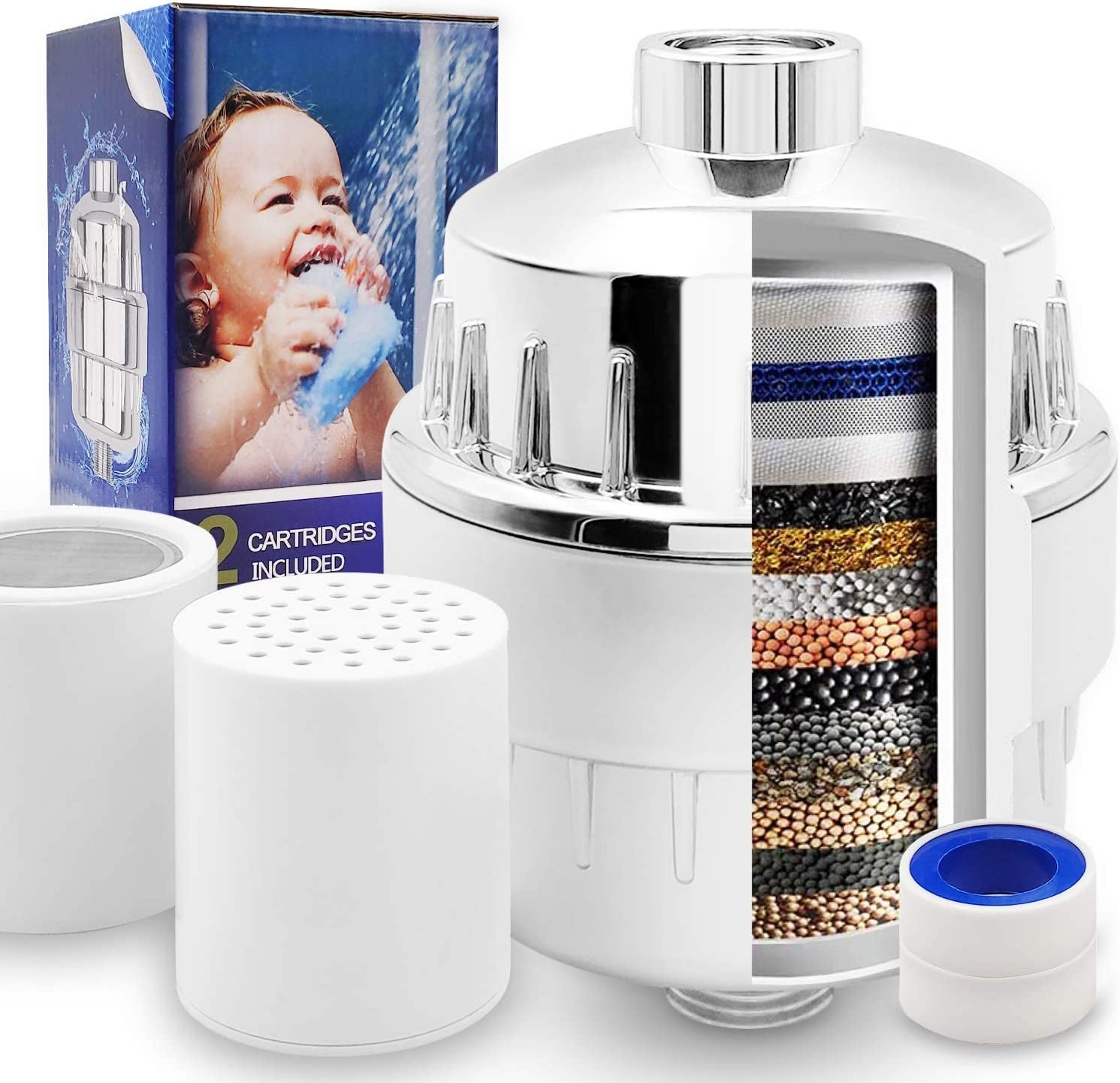 Universal 15 Stage Shower Filter,High-Output Shower Head Filter,With 2 Pcs Filter Cartridges,Removes Chlorine Fluoride Heavy Metals,Other Sediments