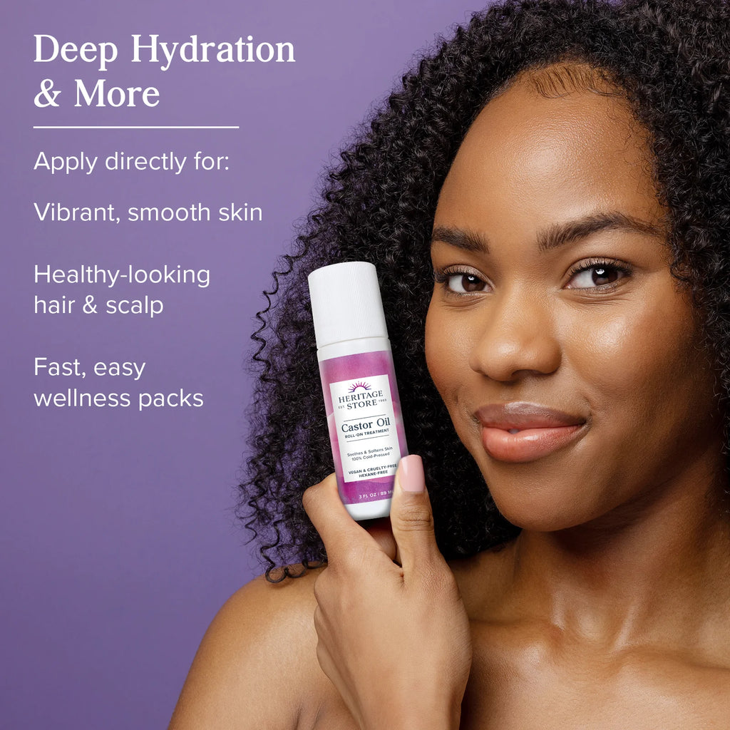 Castor Oil Roll on Nourishing Treatment - Targeted Hydration for Skin Care, Hair Care, Quick and Easy Castor Oil Pack Wrap - Hexane Free, Vegan, Cruelty Free, 60-Day Guarantee, 3Oz